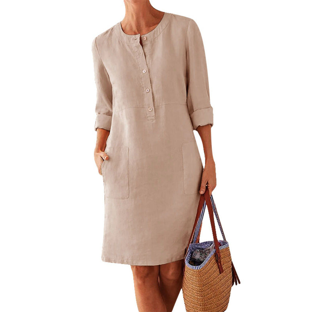 Women’s Lightweight Linen Dress with Practical Pockets and Trendy Button Design StylebySassy
