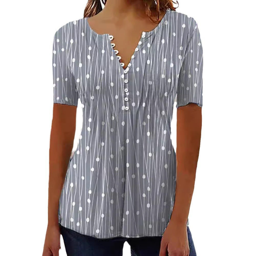 Women's airy V-neck blouse with short sleeves, decorative button placket and graphic dot stripe pattern StylebySassy