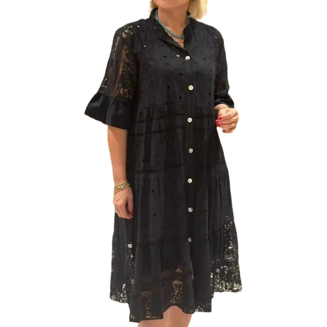 Women's shirt blouse midi dress with lace inserts, tiered skirt and full button placket StylebySassy