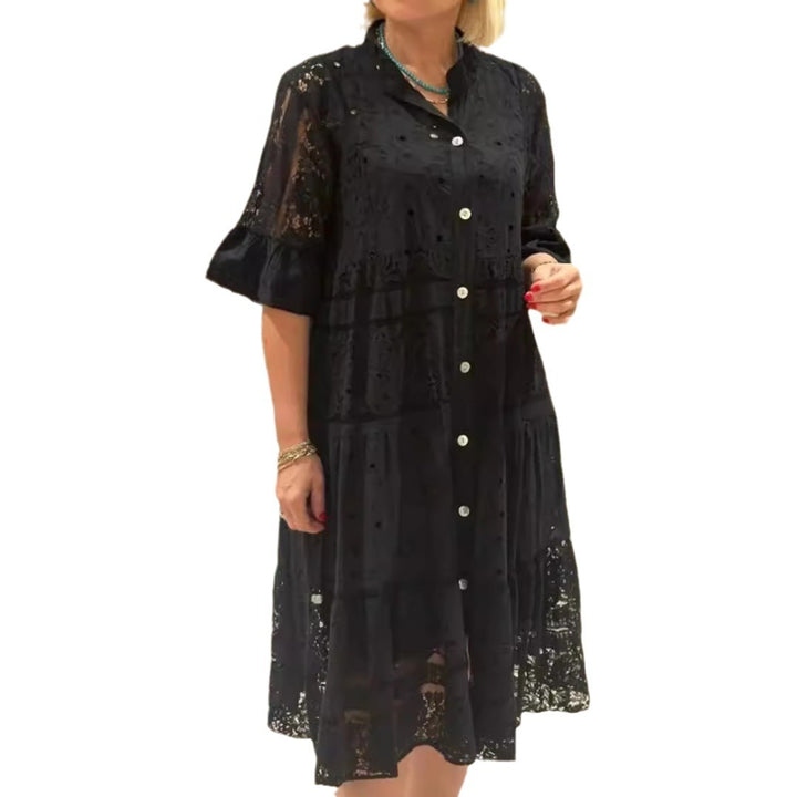 Women's shirt blouse midi dress with lace inserts, tiered skirt and full button placket StylebySassy