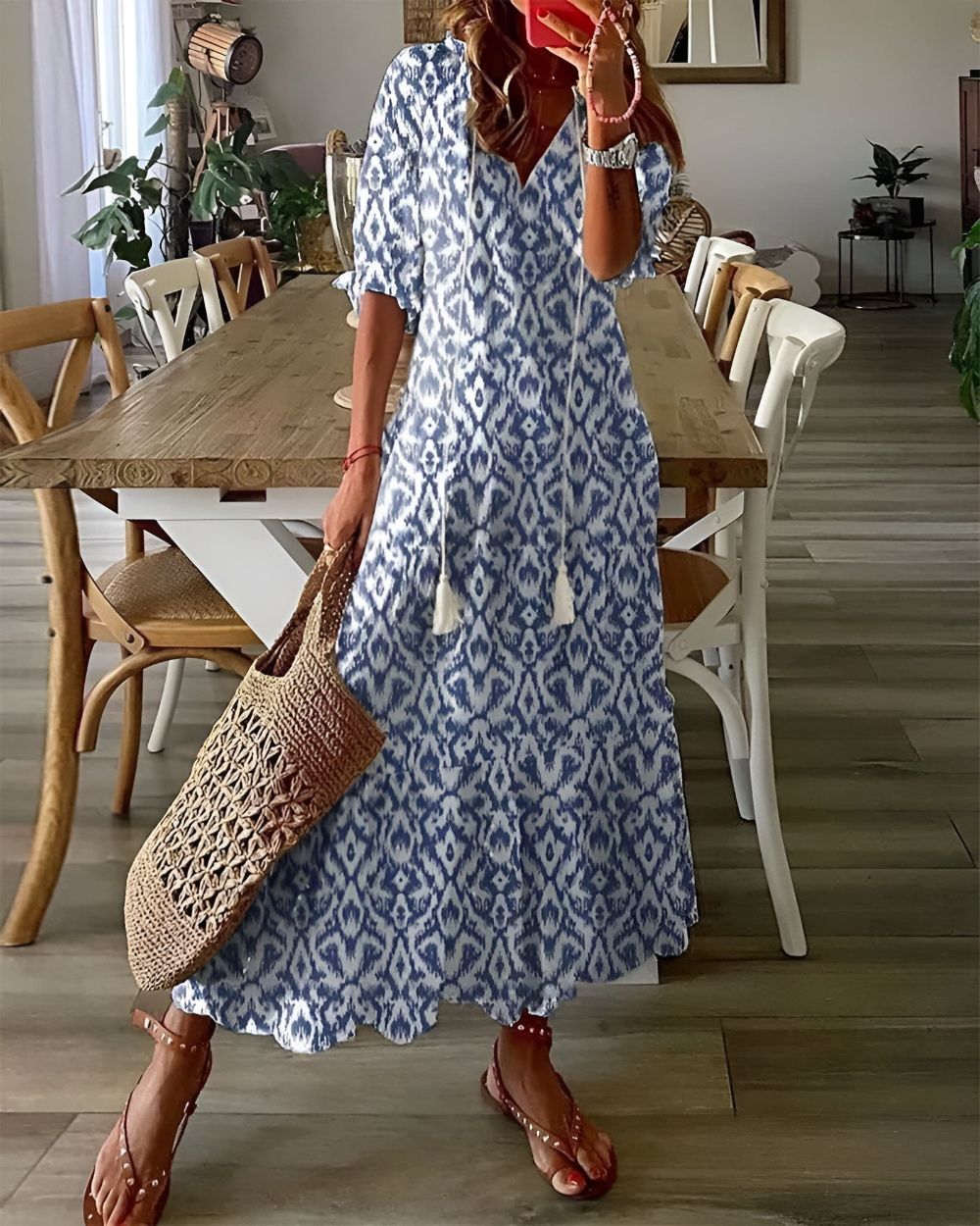 Women's Boho Maxi Dress with V-Neck Tassel Tie