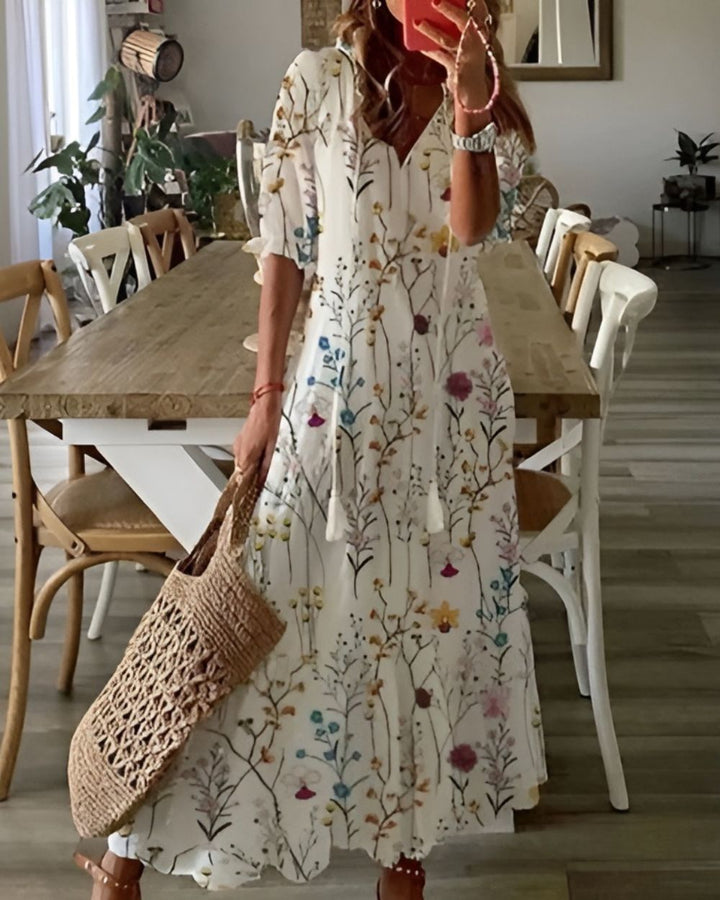 Women's Boho Maxi Dress with V-Neck Tassel Tie