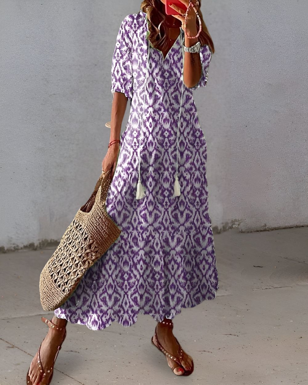 Women's Boho Maxi Dress with V-Neck Tassel Tie