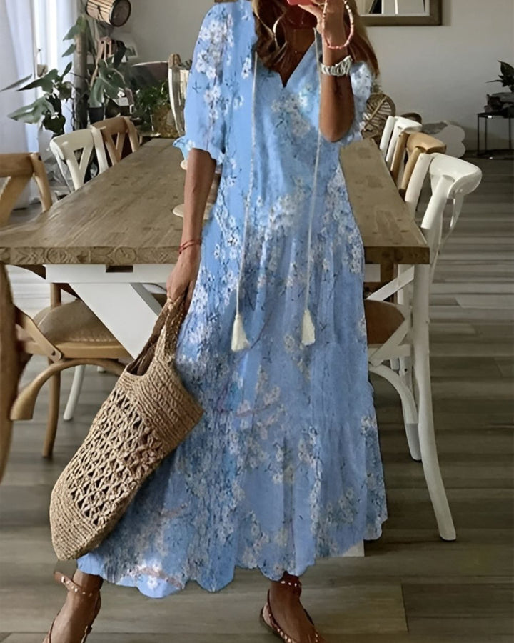 Women's Boho Maxi Dress with V-Neck Tassel Tie