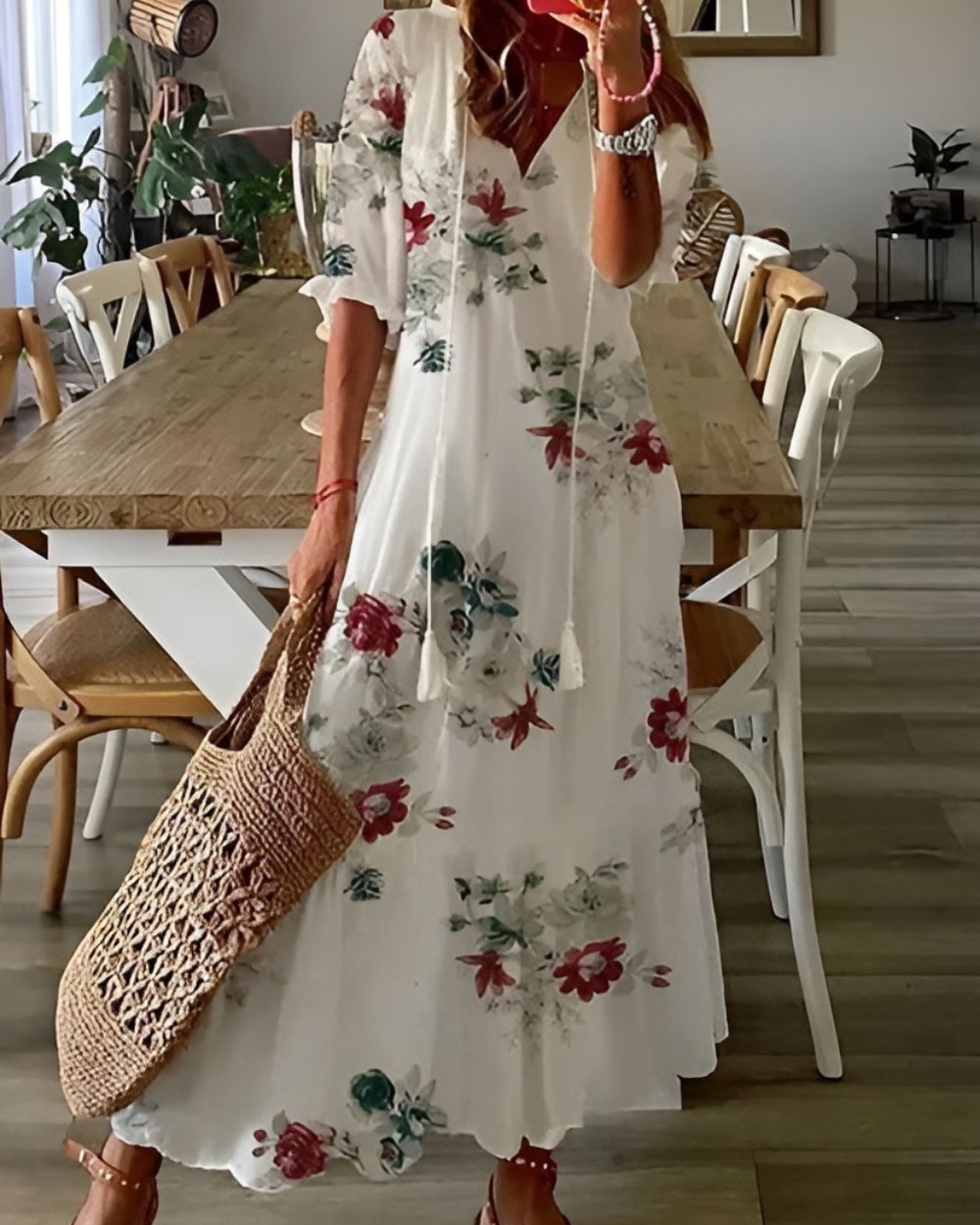 Women's Boho Maxi Dress with V-Neck Tassel Tie