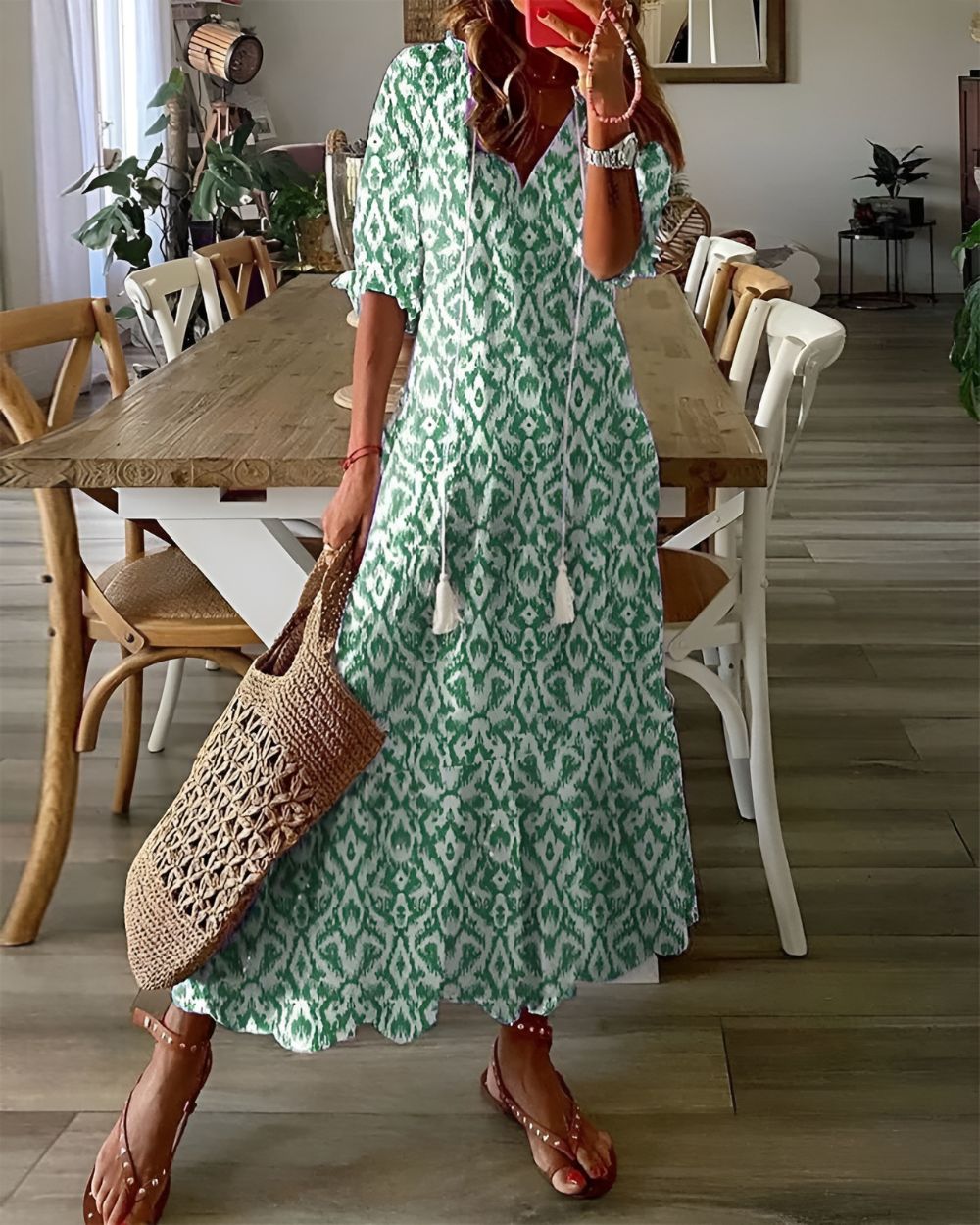 Women's Boho Maxi Dress with V-Neck Tassel Tie