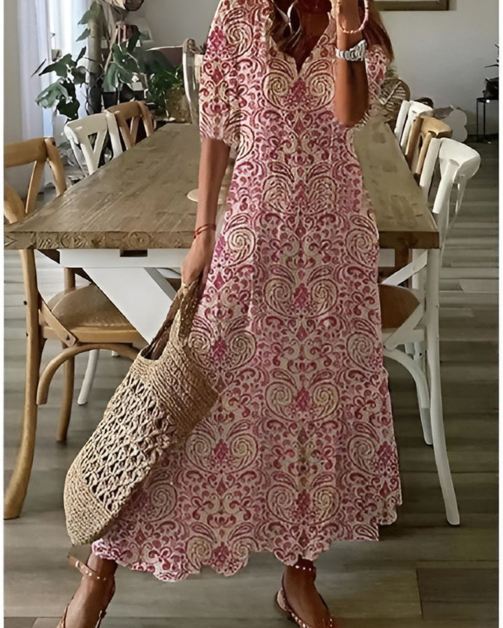 Women's Boho Maxi Dress with V-Neck Tassel Tie