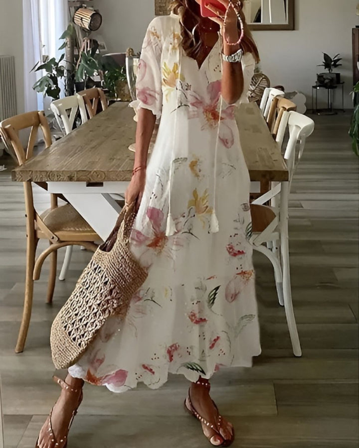 Women's Boho Maxi Dress with V-Neck Tassel Tie