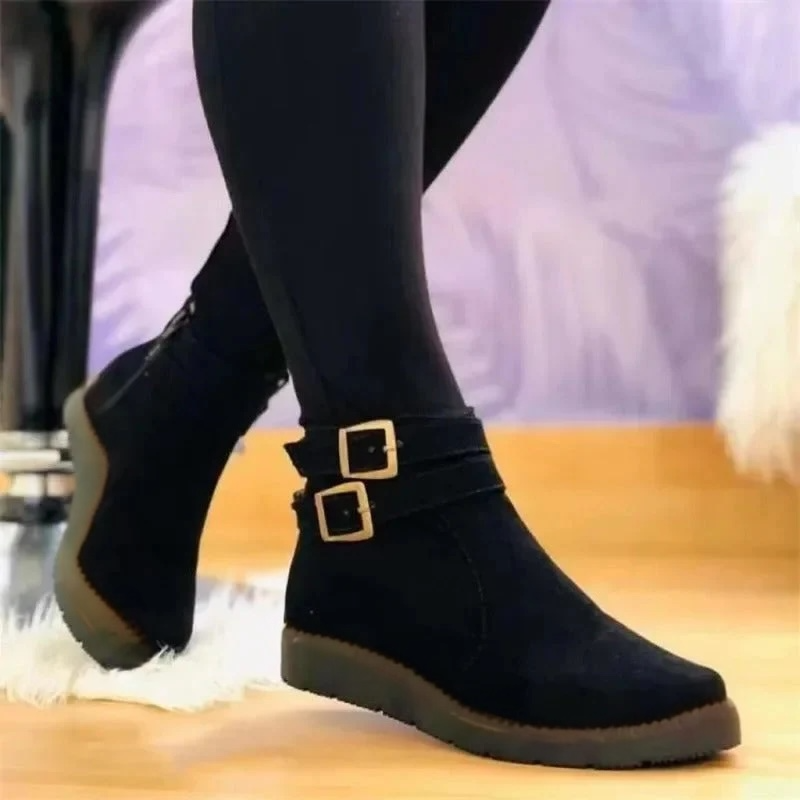 Women's Ankle Boots with Double Buckle Straps and Flat Sole