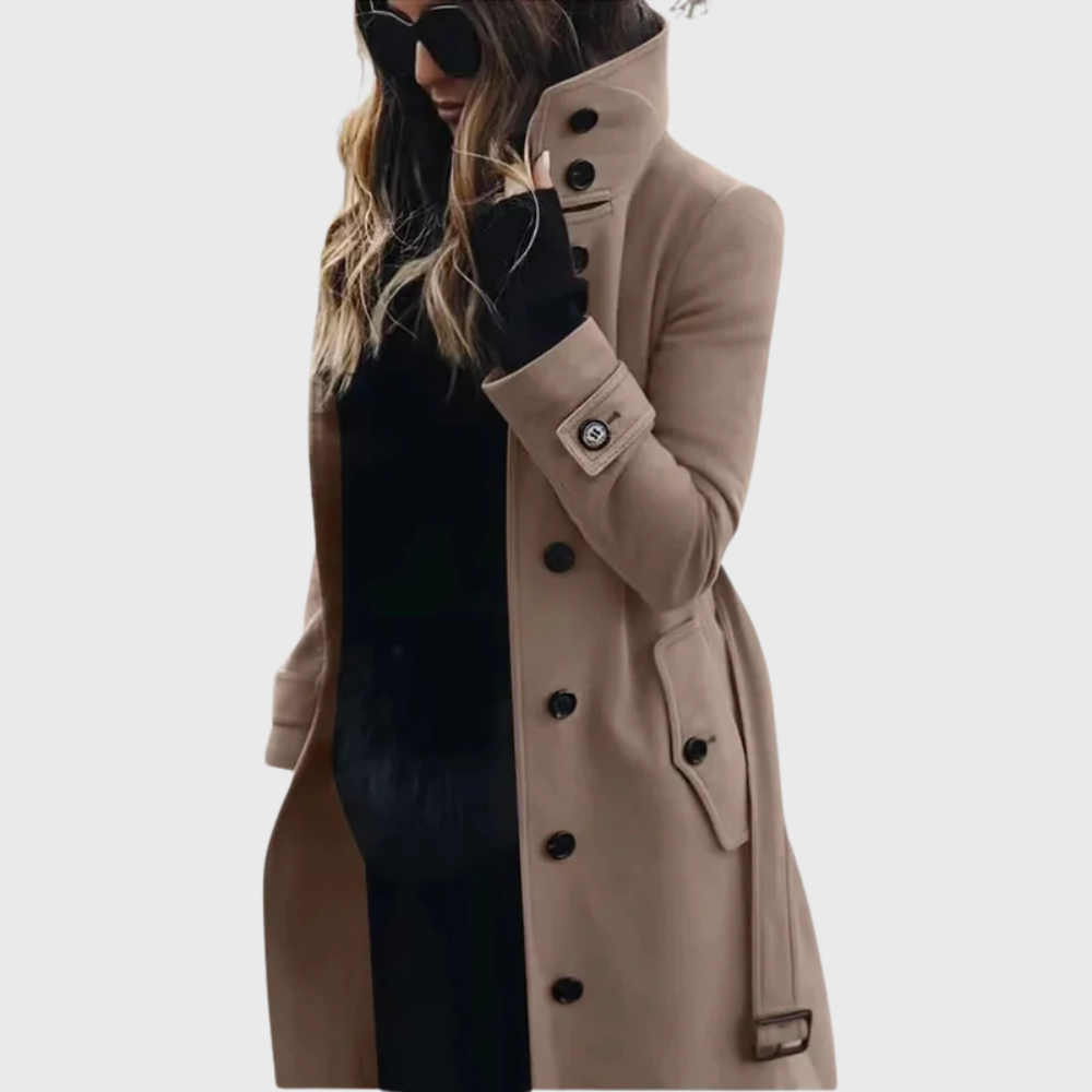 Women's Trench Coat with High Stand Collar and Buttons