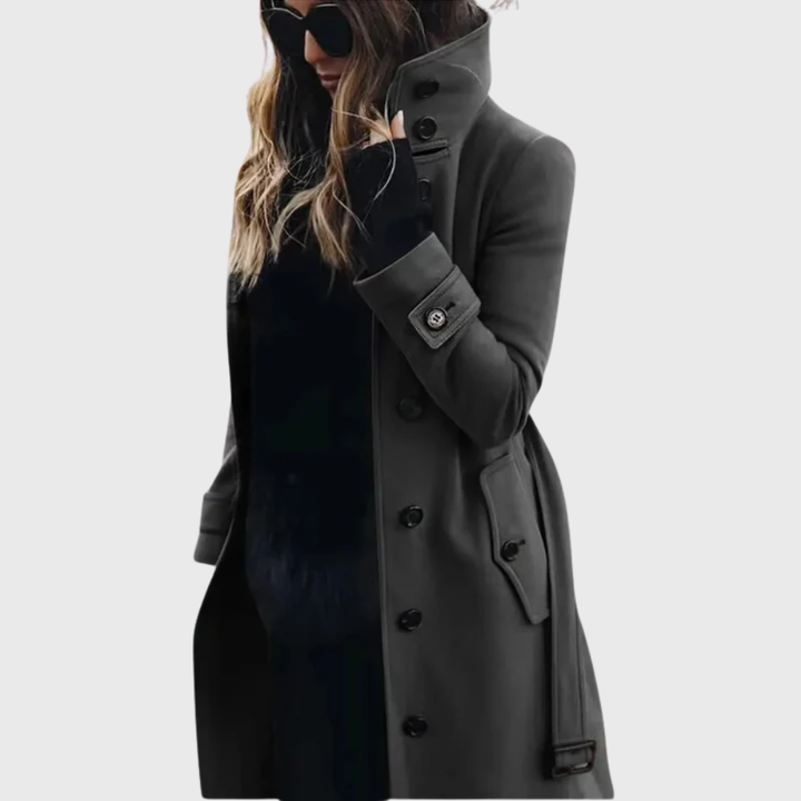 Women's Trench Coat with High Stand Collar and Buttons