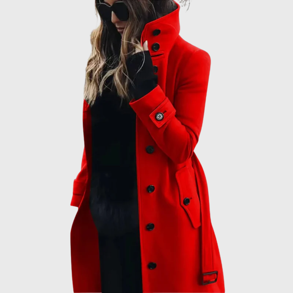 Women's Trench Coat with High Stand Collar and Buttons