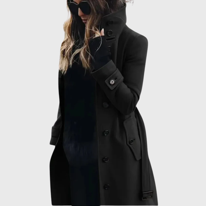 Women's Trench Coat with High Stand Collar and Buttons