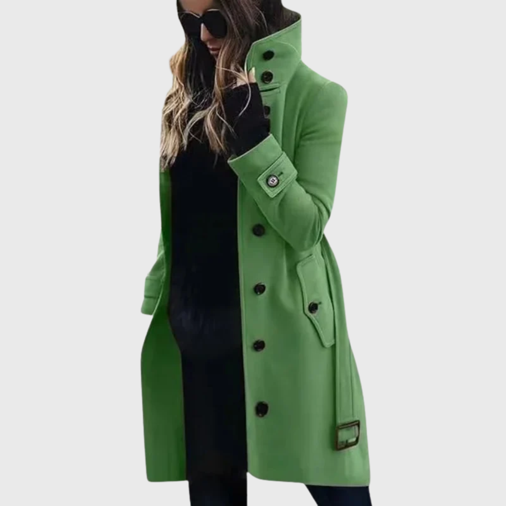 Women's Trench Coat with High Stand Collar and Buttons