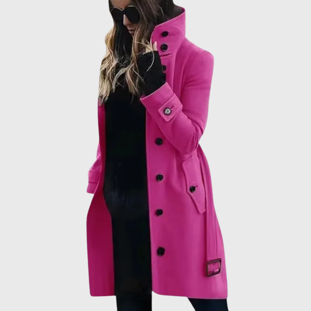 Women's Trench Coat with High Stand Collar and Buttons