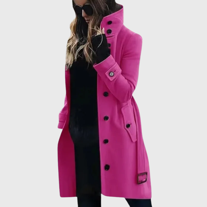Women's Trench Coat with High Stand Collar and Buttons