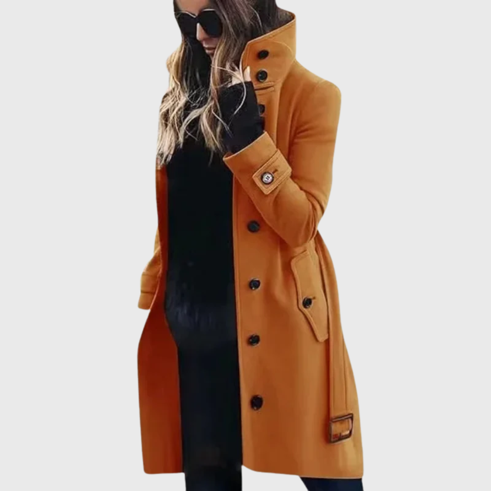 Women's Trench Coat with High Stand Collar and Buttons