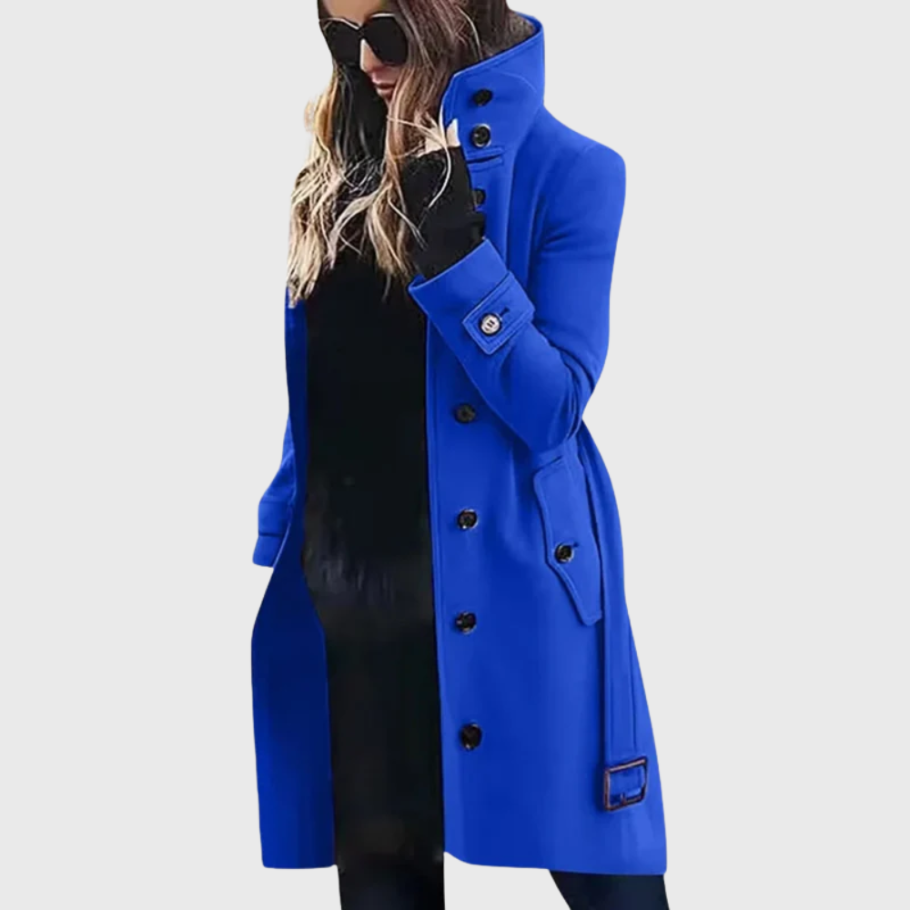 Women's Trench Coat with High Stand Collar and Buttons