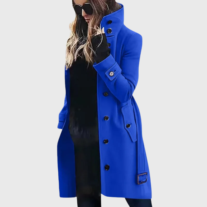 Women's Trench Coat with High Stand Collar and Buttons