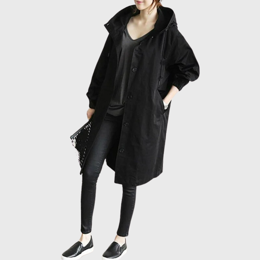 Women's Hooded Longline Trench Coat with Button Front