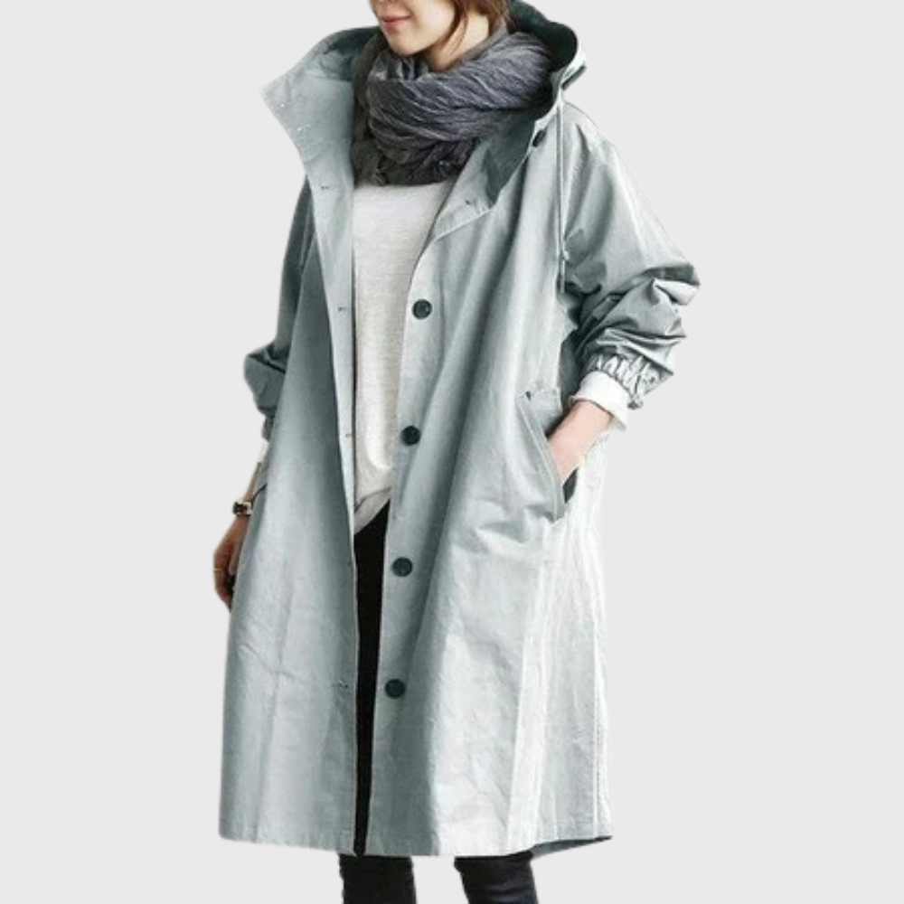 Women's Hooded Longline Trench Coat with Button Front