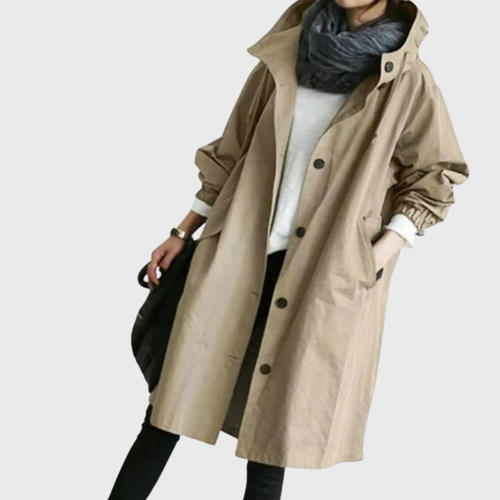 Women's Hooded Longline Trench Coat with Button Front