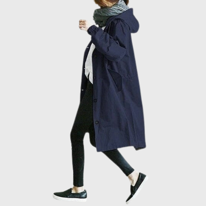 Women's Hooded Longline Trench Coat with Button Front