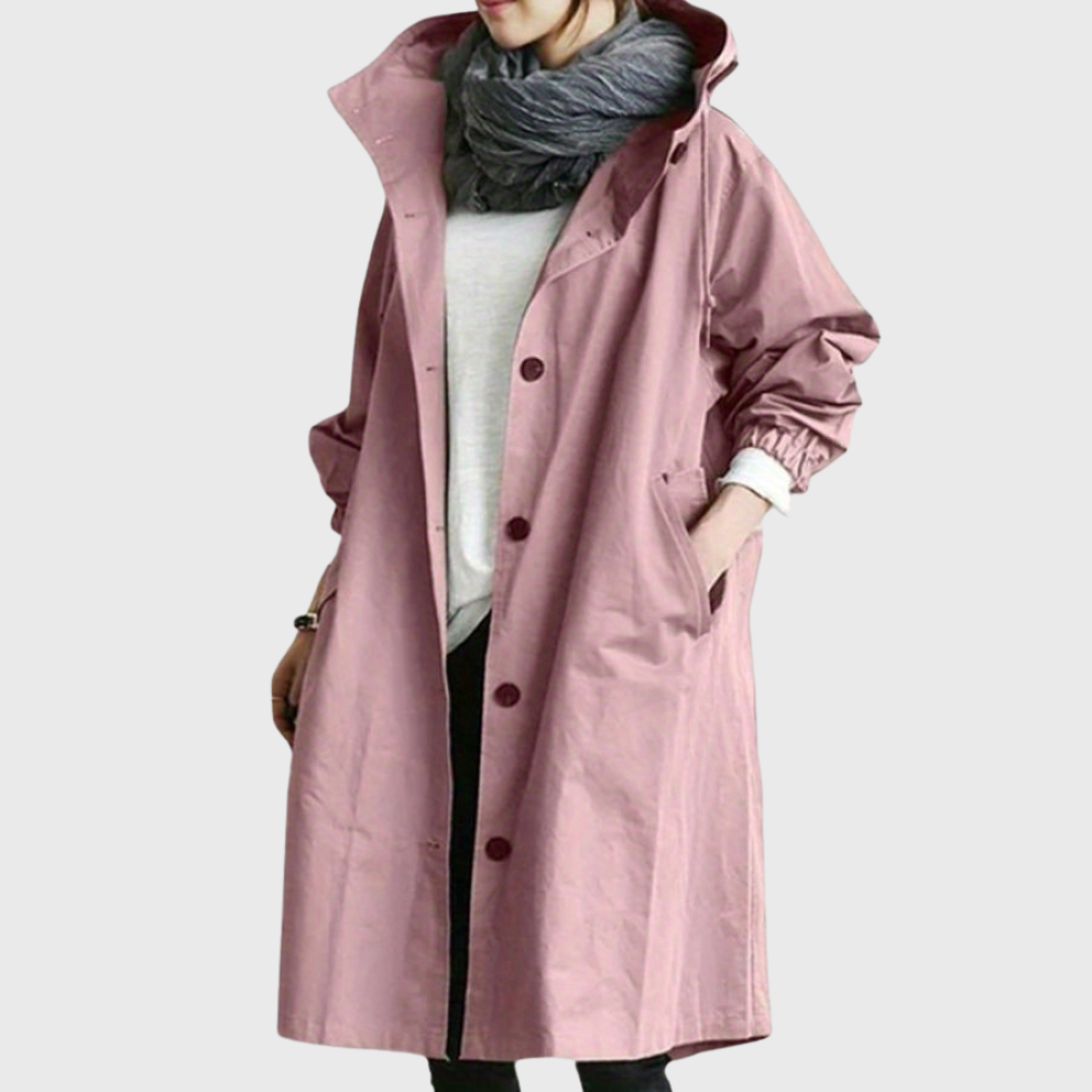 Women's Hooded Longline Trench Coat with Button Front