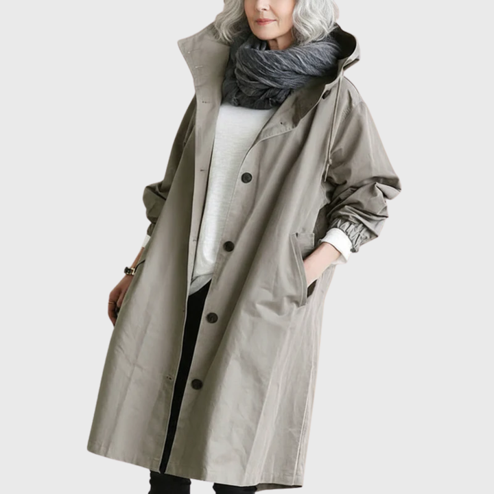 Women's Hooded Longline Trench Coat with Button Front