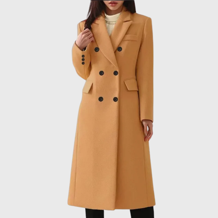 Women's Longline Coat with Double-Breasted Notched Lapel