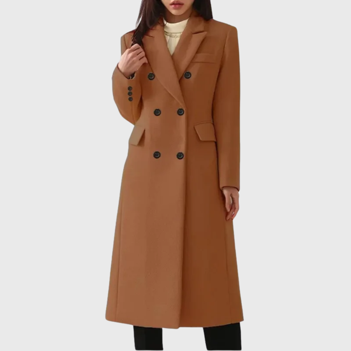 Women's Longline Coat with Double-Breasted Notched Lapel