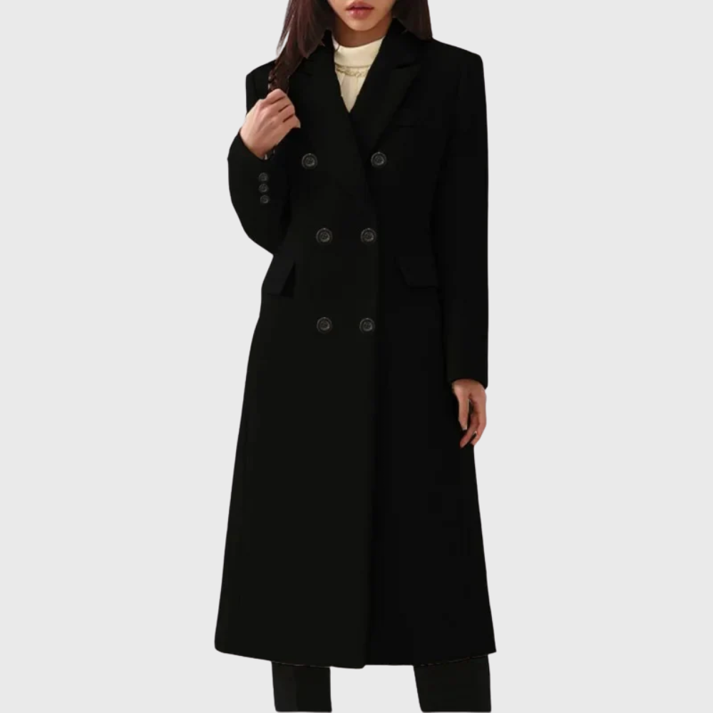 Women's Longline Coat with Double-Breasted Notched Lapel