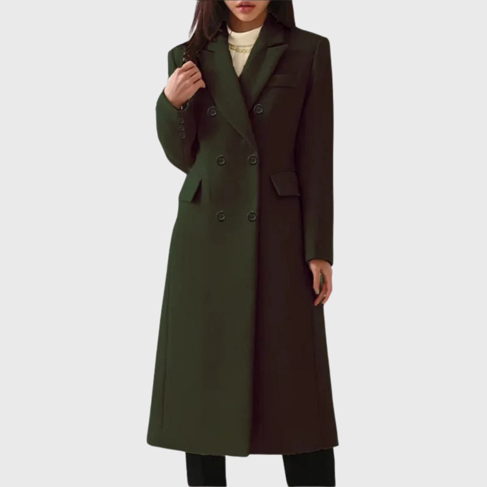 Women's Longline Coat with Double-Breasted Notched Lapel