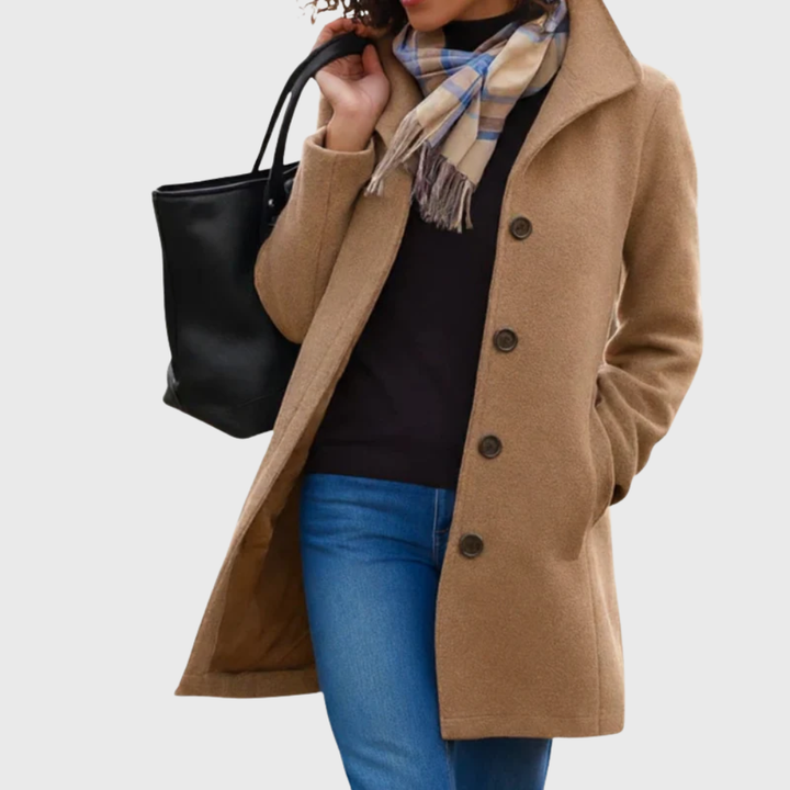 Women's Longline Coat with Notched Collar and Button Front