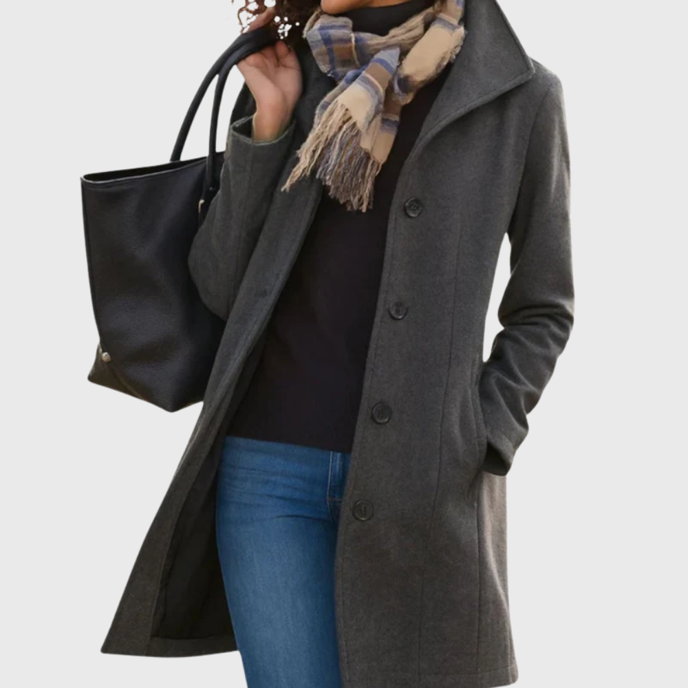 Women's Longline Coat with Notched Collar and Button Front