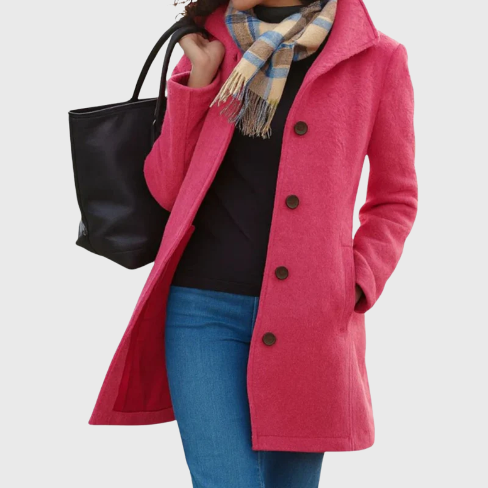 Women's Longline Coat with Notched Collar and Button Front
