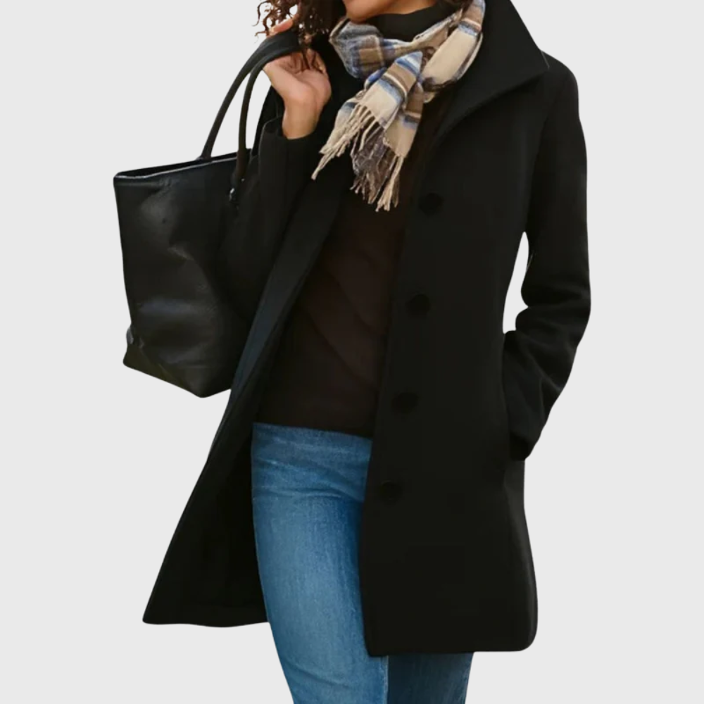Women's Longline Coat with Notched Collar and Button Front
