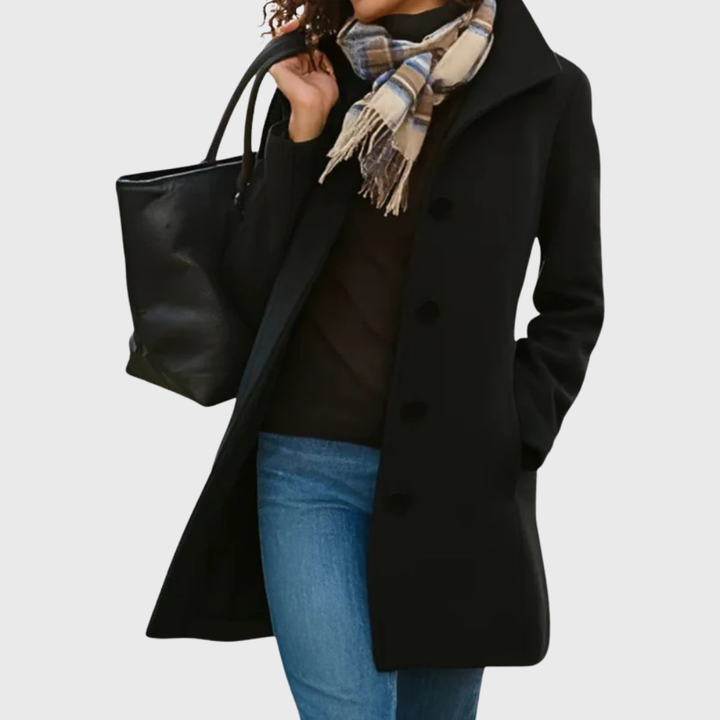 Women's Longline Coat with Notched Collar and Button Front