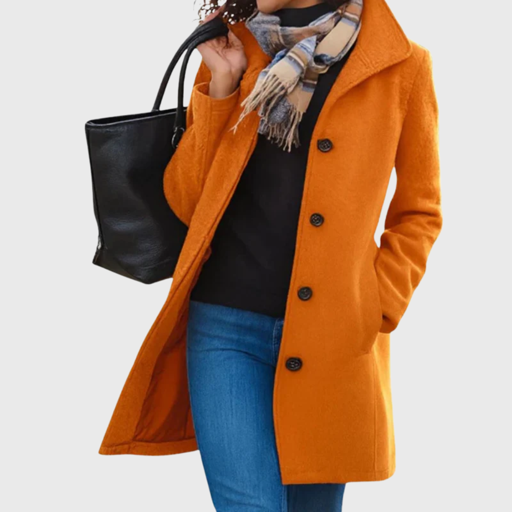Women's Longline Coat with Notched Collar and Button Front