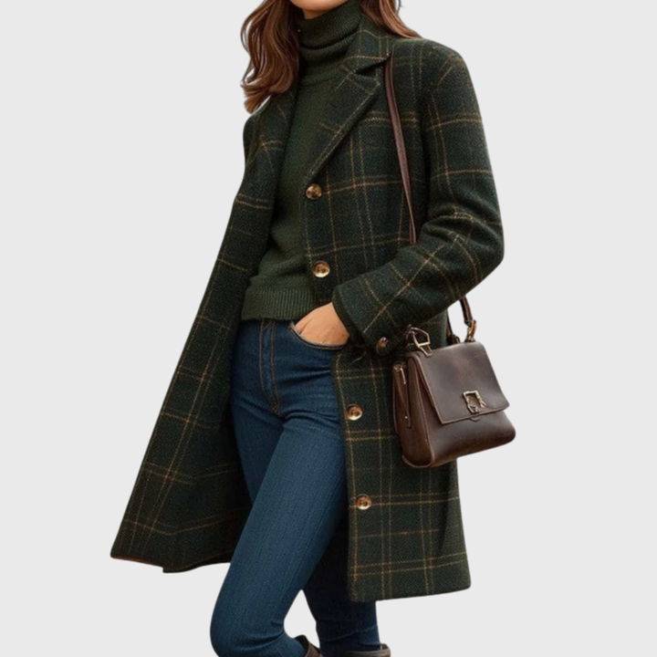 Women's Forest Green Check Coat with Notched Collar