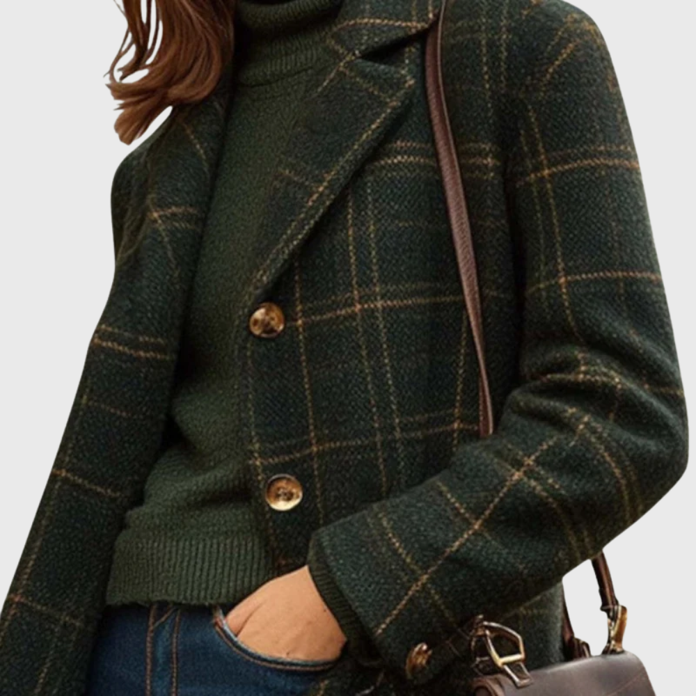 Women's Forest Green Check Coat with Notched Collar
