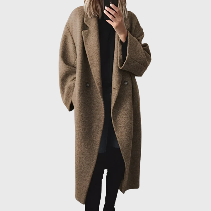 Women's Double-Breasted Longline Coat with Notched Lapel