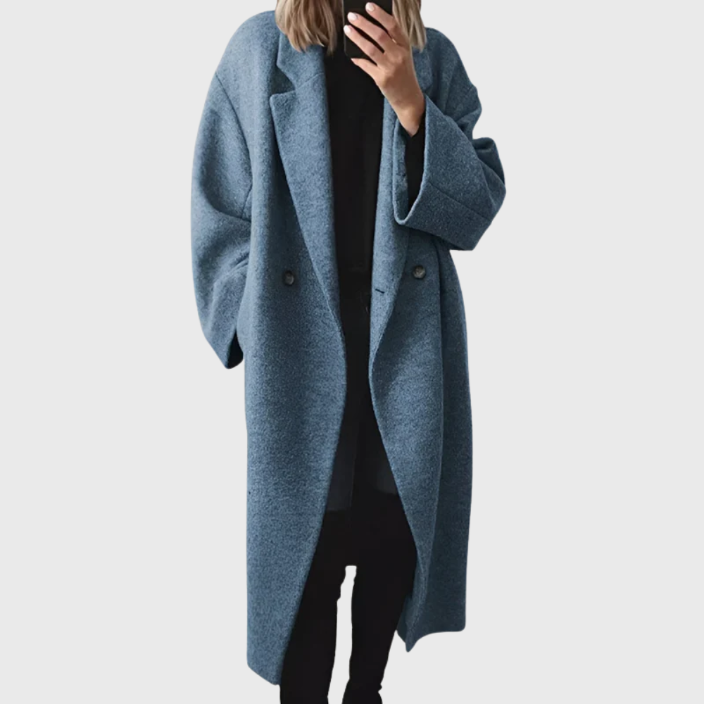 Women's Double-Breasted Longline Coat with Notched Lapel