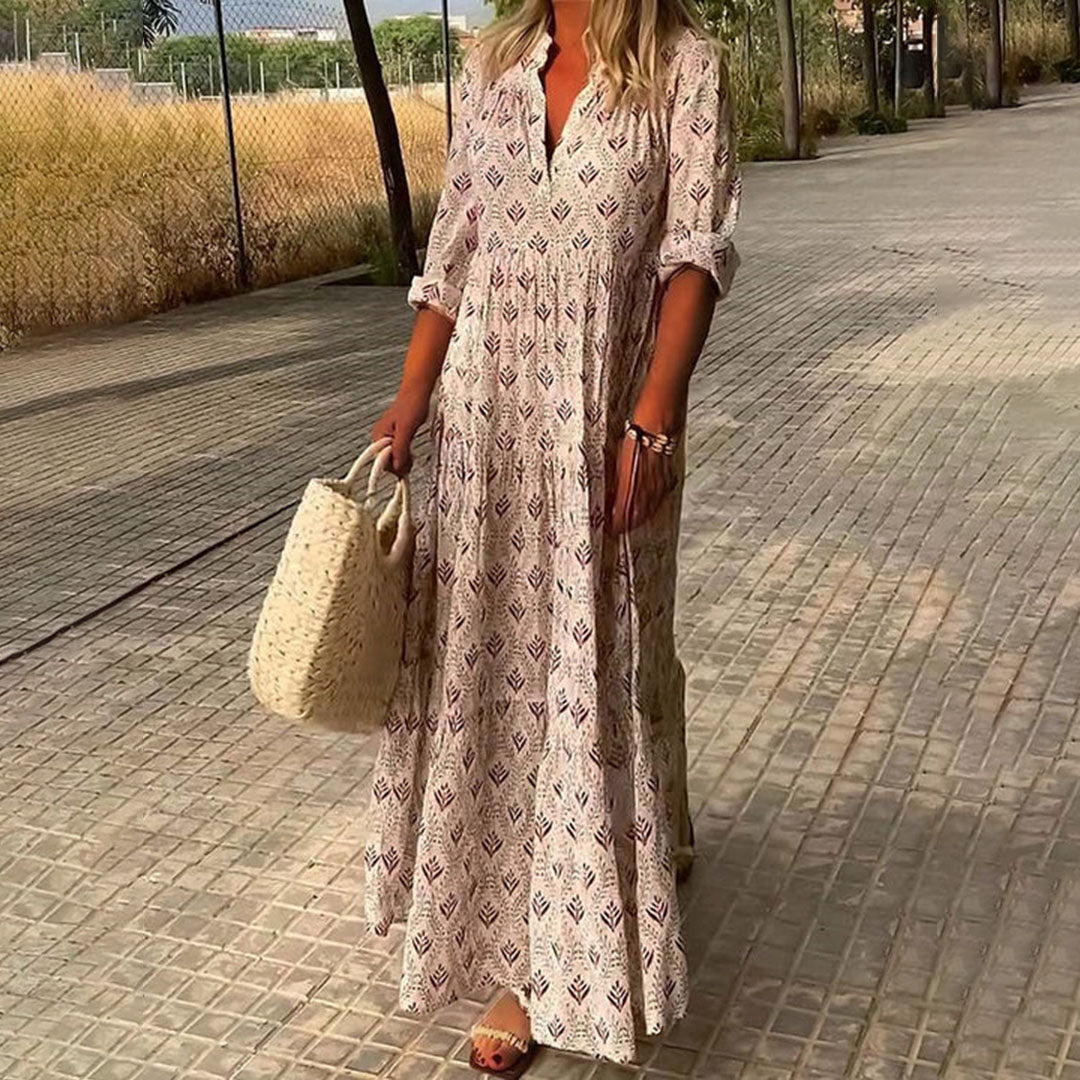 Women's Boho Maxi Dress with V-Neck and Roll-Up Sleeves