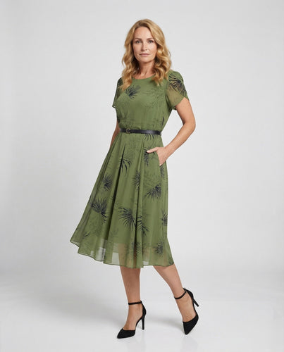 Women's chiffon midi dress with waist belt and palm pattern