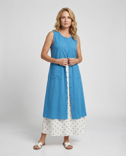 Ladies sleeveless long waistcoat in A-line cut