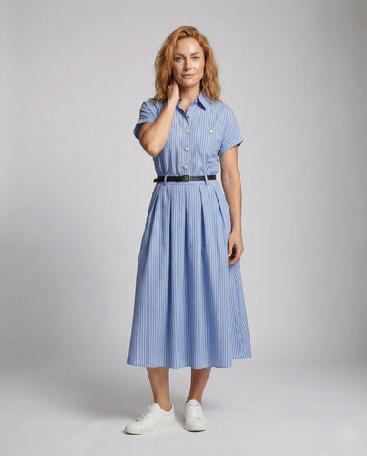 Women's Short Sleeve Shirt Dress with Pinstripes
