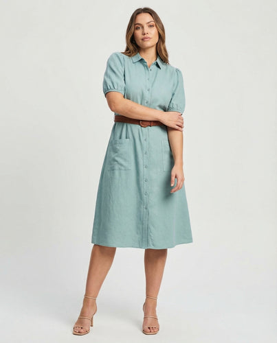 Women's maxi dress with button placket and belt