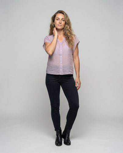 Women's linen blend short sleeve blouse with ruffles V-neck