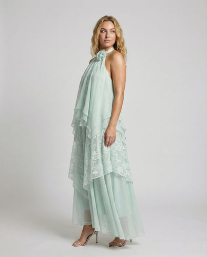 Women's Tiered Maxi Dress with Lace Overlay